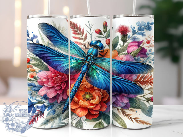 Dragonfly Floral 20oz Skinny Tumbler, Dragonfly Tumbler Png, Straight & Tapered Tumbler Wrap, Instant Digital Download Sublimation ToriDesigns 