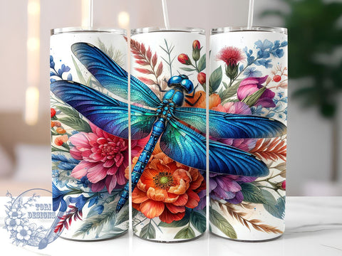 Dragonfly Floral 20oz Skinny Tumbler, Dragonfly Tumbler Png, Straight & Tapered Tumbler Wrap, Instant Digital Download Sublimation ToriDesigns 