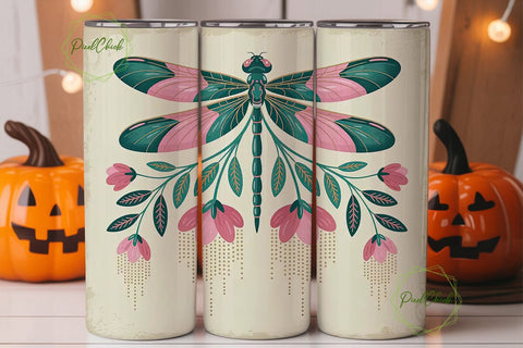 Dragonfly Floral 20oz Tumbler Wrap Sublimation PixelChick 