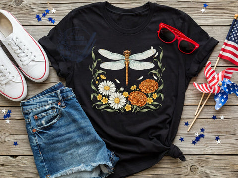 Dragonfly Floral Garden T-Shirt PNG, Floral Botanica, Wildflower Design, Nature Shirt, Sublimation PNG, Garden Style, Winged Beauty Sublimation ToriDesigns 