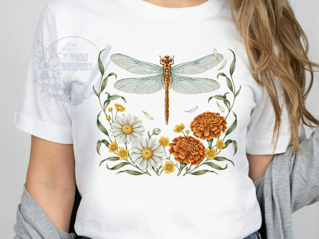 Dragonfly Floral Garden T-Shirt PNG, Floral Botanica, Wildflower Design, Nature Shirt, Sublimation PNG, Garden Style, Winged Beauty Sublimation ToriDesigns 