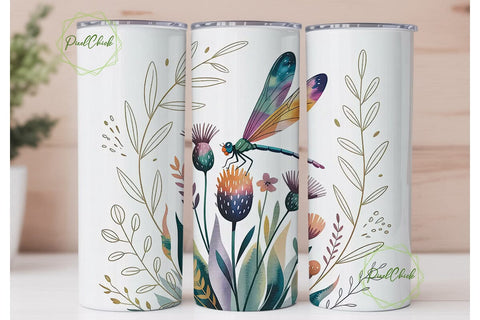 Dragonfly Floral Watercolor 20oz Tumbler Sublimation PixelChick 