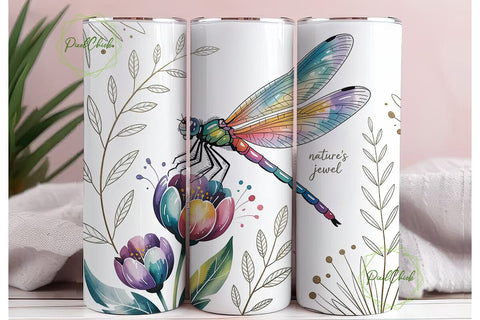Dragonfly Floral Watercolor 20oz Tumbler Sublimation PixelChick 