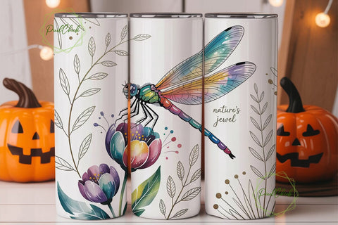 Dragonfly Floral Watercolor 20oz Tumbler Sublimation PixelChick 
