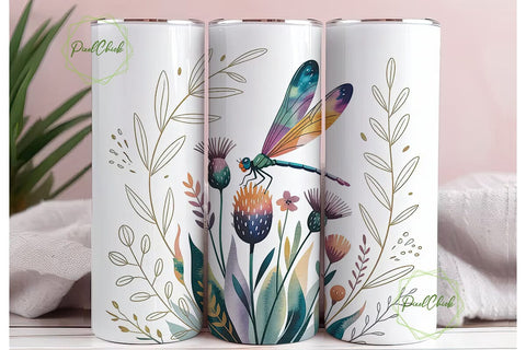 Dragonfly Floral Watercolor 20oz Tumbler Sublimation PixelChick 