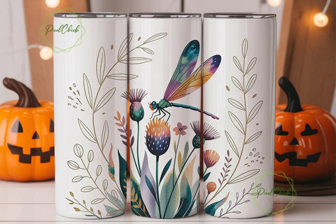 Dragonfly Floral Watercolor 20oz Tumbler Sublimation PixelChick 