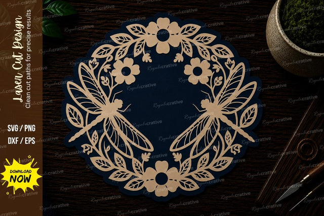 Dragonfly Floral Wreath Laser Cut SVG File SVG Regulrcrative 