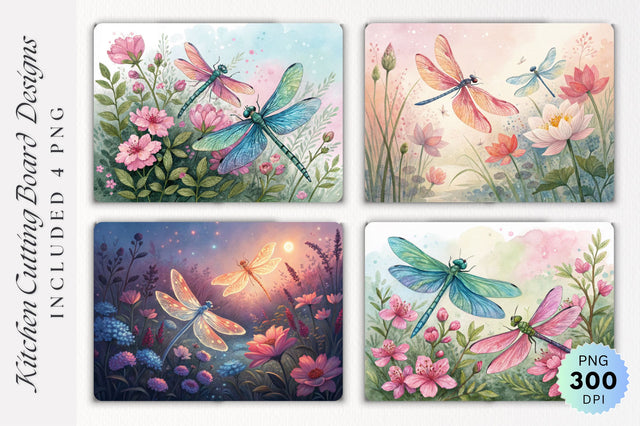 Dragonfly Glow on a Watercolor Cutting Board PNG Design Sublimation Regulrcrative 