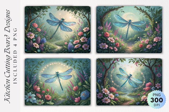 Dragonfly in a Magical Garden with Cutting Board PNG Design Sublimation Regulrcrative 