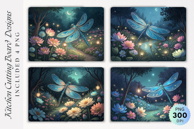 Dragonfly in a Night Garden Cutting Board PNG Design Sublimation Regulrcrative 