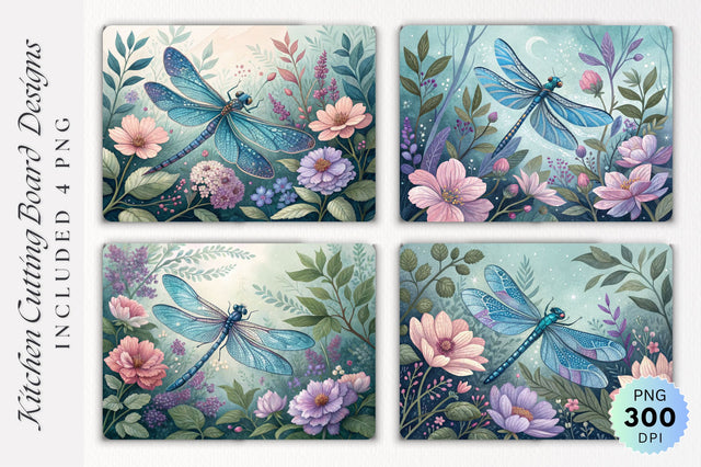Dragonfly in a Pastel Garden on a Cutting Board PNG Design Sublimation Regulrcrative 