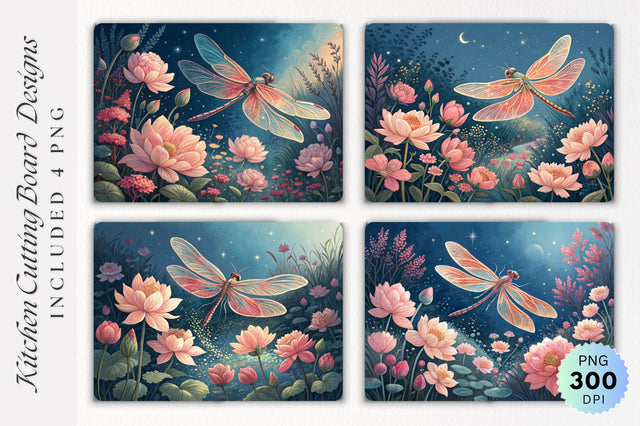 Dragonfly in Bloom A Tranquil Moment Cutting Board PNG Design Sublimation Regulrcrative 