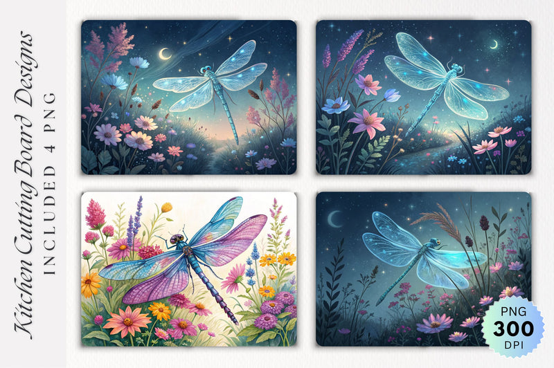 Dragonfly in Bloom Ethereal Night Cutting Board PNG Design Sublimation Regulrcrative 