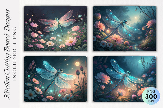Dragonfly in Blue Glow with Blooming Flowers Cutting Board PNG Design Sublimation Regulrcrative 