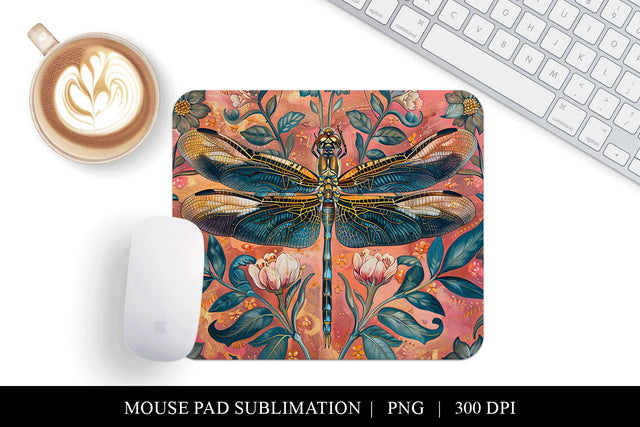 Dragonfly Mouse Pad Design, Vintage Botanical Desk Mat PNG Sublimation BijouBay 