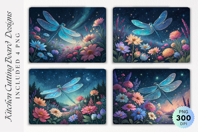 Dragonfly on Flowers Cool Blue Tones on Navy Gradient Cutting Board PNG Design Sublimation Regulrcrative 