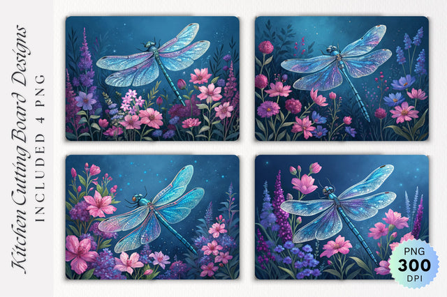 Dragonfly on Vibrant Flowers Cutting Board PNG Design Sublimation Regulrcrative 