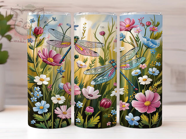Dragonfly & Wildflower Spring Tumbler Wrap, Spring Flower Dragonfly Sublimation, 20Oz Floral Tumbler Sublimation, Garden Dragonfly Drinkware Wrap, Botanical Spring Cup Sublimation Sublimation Lara' s Designs 