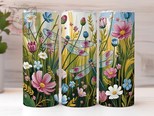 Dragonfly & Wildflower Spring Tumbler Wrap, Spring Flower Dragonfly Sublimation, 20Oz Floral Tumbler Sublimation, Garden Dragonfly Drinkware Wrap, Botanical Spring Cup Sublimation Sublimation Lara' s Designs 