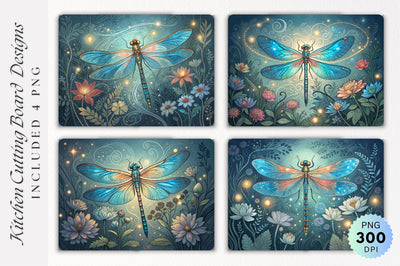 Dragonfly with Blue Wings and Floral Accents Cutting Board PNG Design Sublimation Regulrcrative 