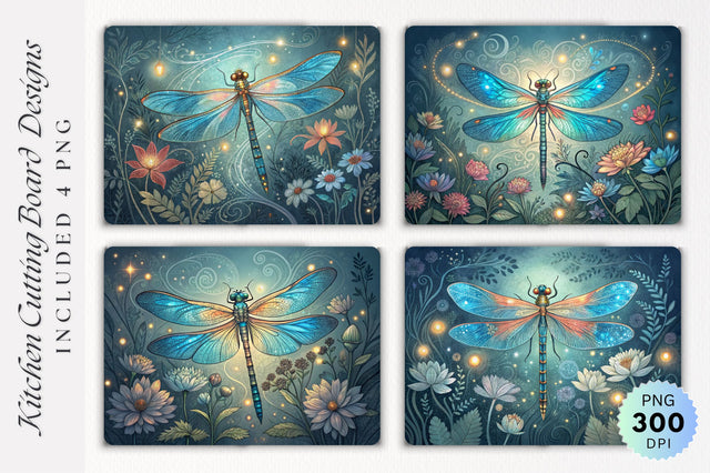 Dragonfly with Blue Wings and Floral Accents Cutting Board PNG Design Sublimation Regulrcrative 