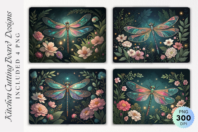 Dragonfly with Jewel Toned Wings and Blooming Flowers Dark Canvas Cutting Board PNG Design Sublimation Regulrcrative 