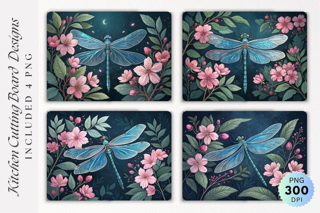 Dragonfly with Pink Flowers and Green Foliage on Cutting Board PNG Design Sublimation Regulrcrative 