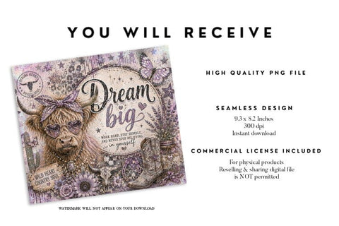Dream Big Lavender Highland Cow Tumbler Sublimation BijouBay 