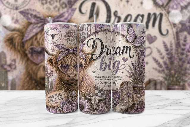 Dream Big Lavender Highland Cow Tumbler Sublimation BijouBay 