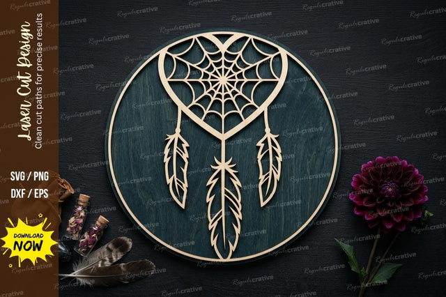 Dreamcatcher Round Laser Cut SVG Design | Boho Feather Hanging Circle Pattern SVG Regulrcrative 