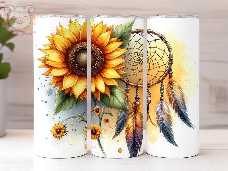 Dreamcatcher Sunflower 20 oz Skinny Tumbler, Boho Dream Catcher tumbler Png, Sublimation Design, Digital, Digital Download PNG Sublimation Lara' s Designs 