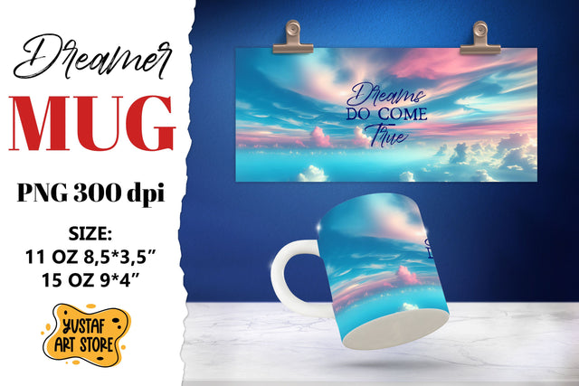Dreamer mug. Watercolor Sky and Dream quote Sublimation Yustaf Art Store 