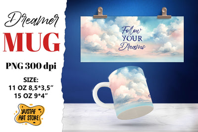 Dreamer mug. Watercolor Sky and Dream quote Sublimation Yustaf Art Store 