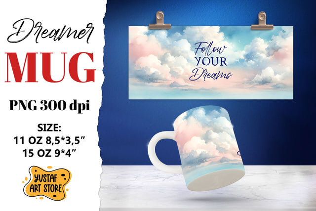 Dreamer mug. Watercolor Sky and Dream quote Sublimation Yustaf Art Store 