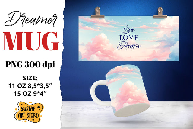 Dreamer mug. Watercolor Sky and Dream quote Sublimation Yustaf Art Store 