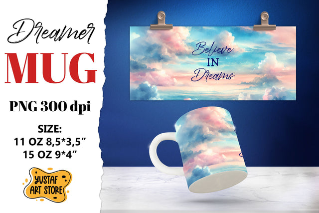Dreamer mug. Watercolor Sky and Dream quote Sublimation Yustaf Art Store 