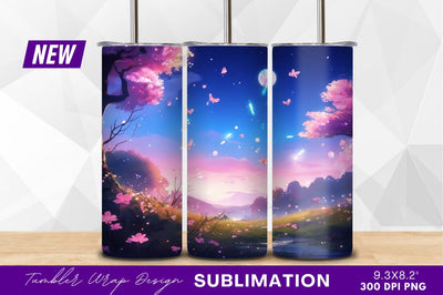 Dreamy cherry blossom landscape with butterflies tumbler png Sublimation Regulrcrative 