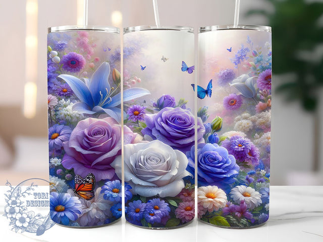 Dreamy Floral Garden 20oz Tumbler, Purple Blue Roses Cup Wrap, Butterfly Fantasy Design, Sublimation Tumbler Wrap, 20Oz Tumbler Design, Artistic Flower Cup, Stylish Fantasy Floral Wrap Sublimation ToriDesigns 