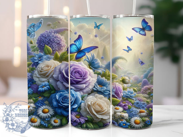 Dreamy Floral Garden 20oz Tumbler, Purple Blue Roses Cup Wrap, Butterfly Fantasy Design, Sublimation Tumbler Wrap, 20Oz Tumbler Design, Artistic Flower Cup, Stylish Fantasy Floral Wrap Sublimation ToriDesigns 