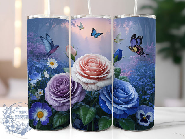 Dreamy Floral Garden 20oz Tumbler, Purple Blue Roses Cup Wrap, Butterfly Fantasy Design, Sublimation Tumbler Wrap, 20Oz Tumbler Design, Artistic Flower Cup, Stylish Fantasy Floral Wrap Sublimation ToriDesigns 