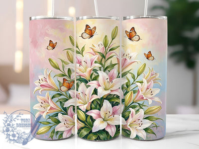 Dreamy Lily Butterfly 20oz Tumbler Wrap, Dreamy Theme, Lily Flower, Butterfly Motif, Whimsical Style, Elegant Charm, Skinny Tumbler, Sublimation PNG Sublimation ToriDesigns 