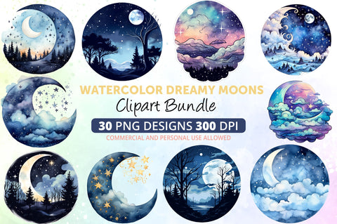 Dreamy Moons Watercolor Clipart Bundle Sublimation Regulrcrative 