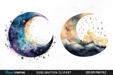 Dreamy Moons Watercolor Clipart Bundle Sublimation Regulrcrative 