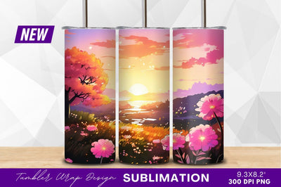 Dreamy sunset landscape with pink flowers illustration Sublimation Regulrcrative 