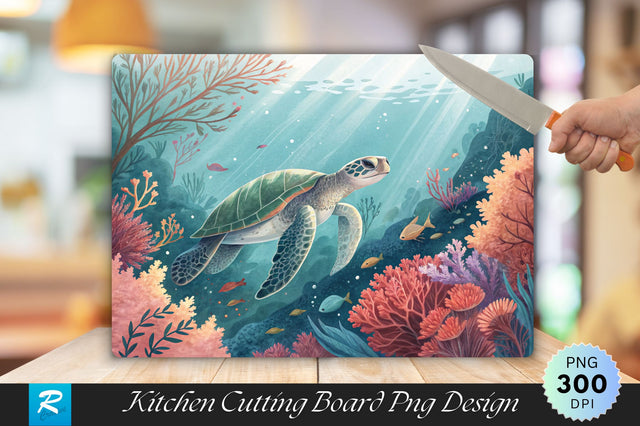 Dreamy Turtle and Coral Design Cutting Board PNG Design Sublimation Regulrcrative 