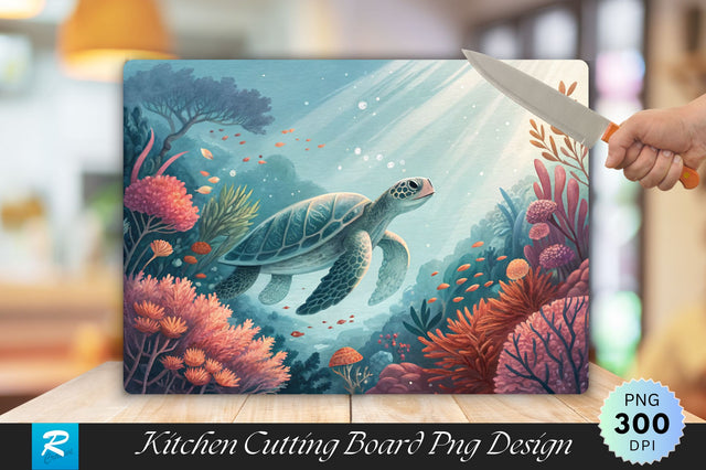 Dreamy Turtle and Coral Design Cutting Board PNG Design Sublimation Regulrcrative 