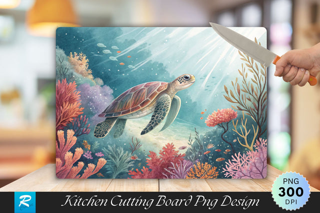 Dreamy Turtle and Coral Design Cutting Board PNG Design Sublimation Regulrcrative 