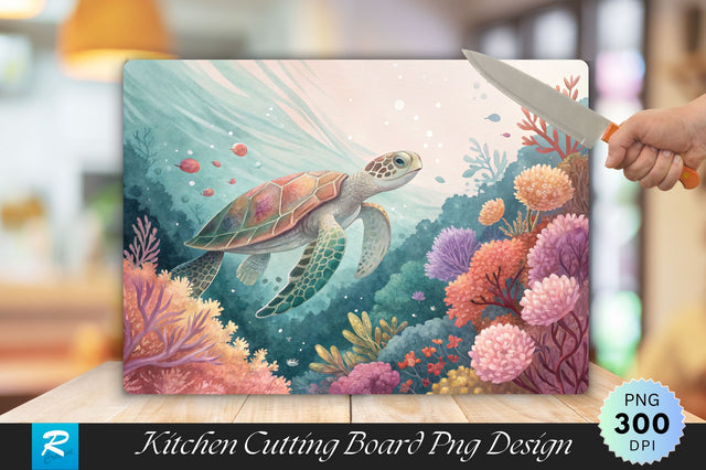 Dreamy Underwater Scene with Turtle and Floral Coral Cutting Board PNG Design Sublimation Regulrcrative 