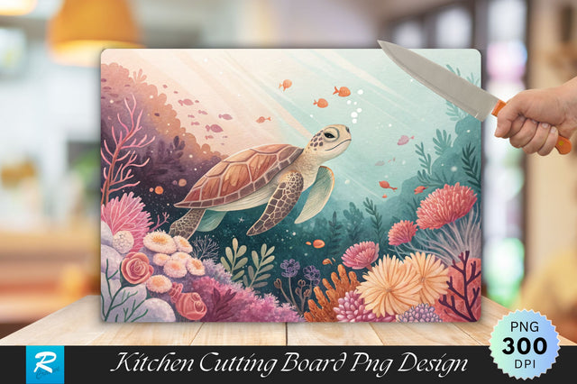 Dreamy Underwater Scene with Turtle and Floral Coral Cutting Board PNG Design Sublimation Regulrcrative 