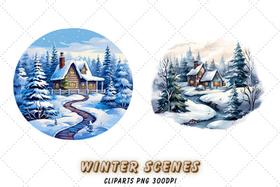 Dreamy Winter Landscape, watercolor winter scenery, magical winter clipart, winter scene, deer, winter png graphics, houses, download Sublimation FloridPrintables 